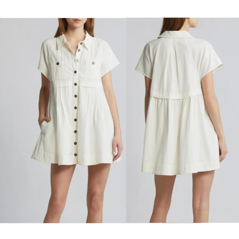 Free People Ronnie Cotton Poplin Mini Shirtdress L Large 12 14 Revolve Cotton